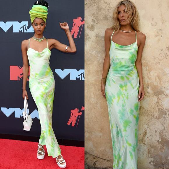 Rat & Boa Juniper Cowl Neck Silk Maxi Gown/Dress Neon Green/White Size XXS - Picture 1 of 10